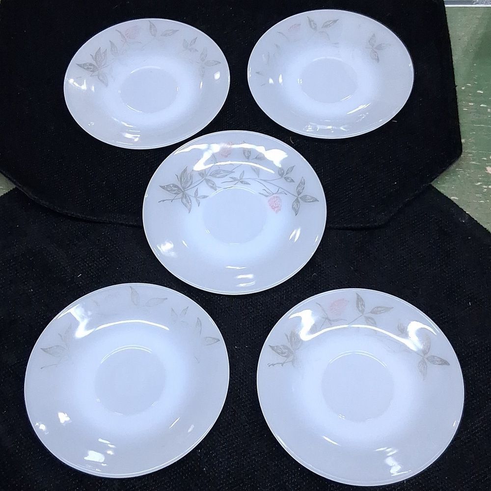Vintage Federal milk glass set of saucers "clover blossoms" silver details-5 pc.